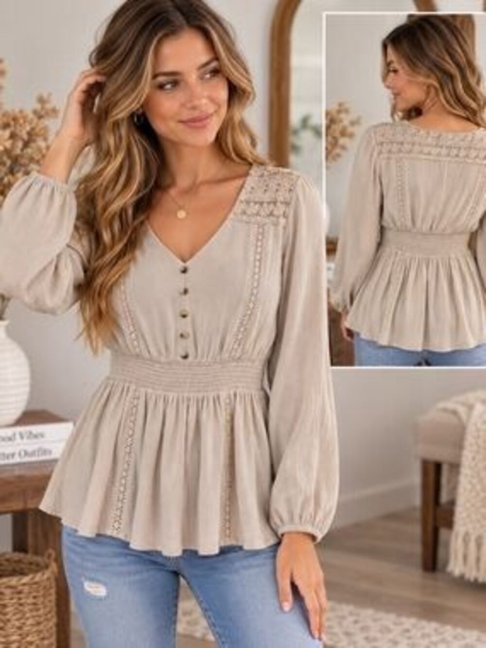 Shyanne woman’s medium cream lace smocked waist western rodeo long sleeve shirt